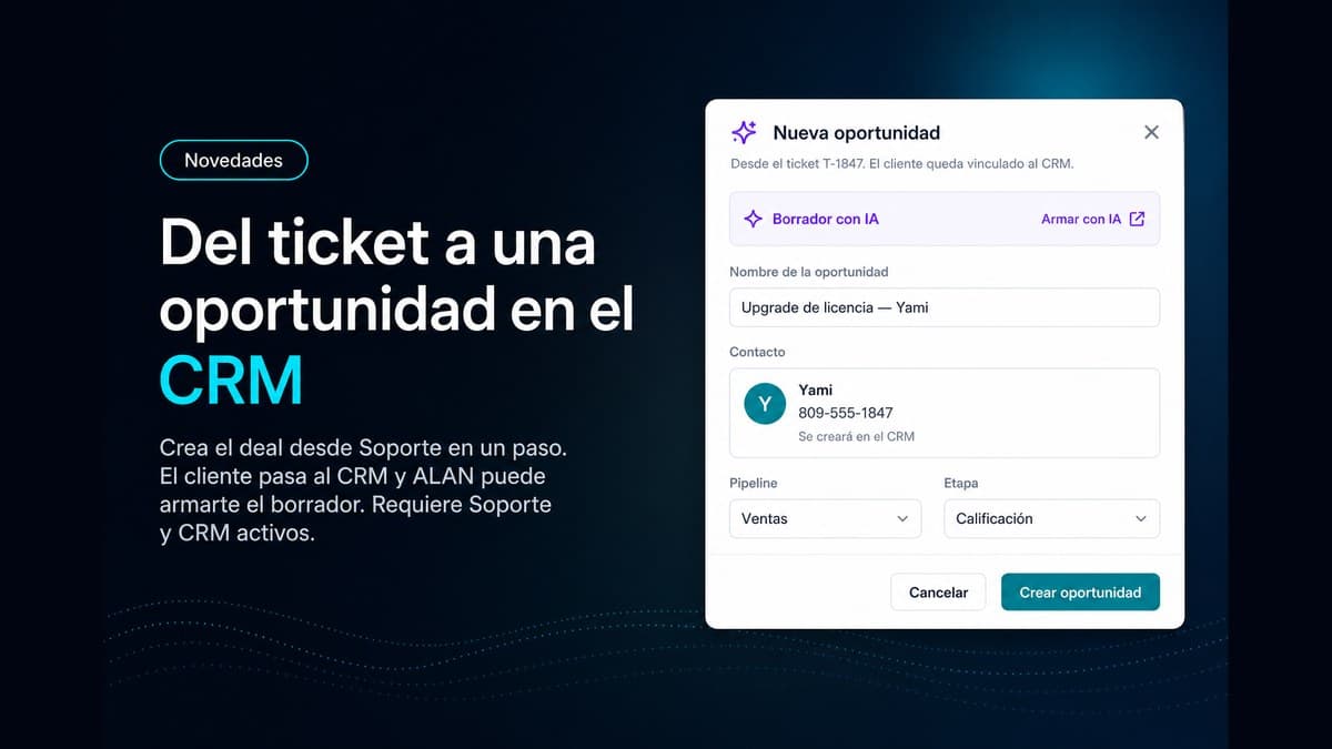 Banner de la novedad: crear una oportunidad CRM desde un ticket de soporte